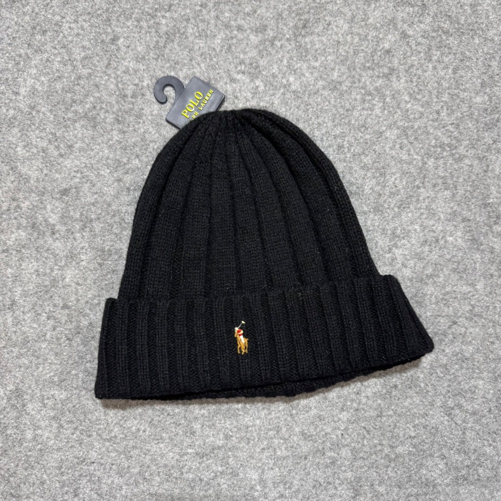 Polo Ralph Lauren Mens Black Ribbed Knit Beanie Hat Signature Pony Logo NWT